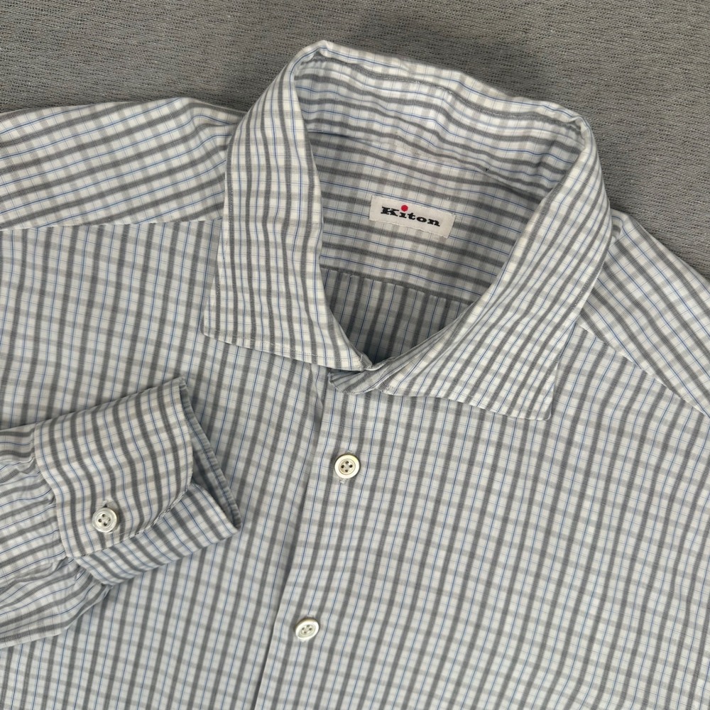 Kiton Dress Shirt Mens Size 43 Blue Grey Check Cotton Long Sleeve Made in Italy